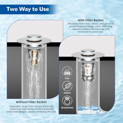 Hibbent Upgraded 3-in-1 Bathroom Sink Drain Strainer Pop Up Stopper Chrome 1