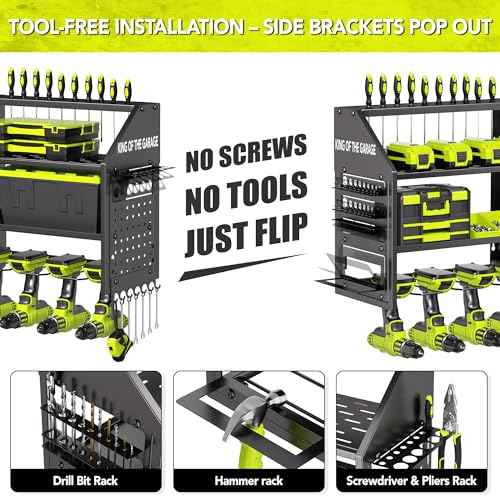 Power Tool Organizer Wall Mount with Charging Station ? King of the Garage, 4 Drill Holders, Heavy Duty Cordless Tool Rack with 4-Outlet Power Strip, Gifts for Him, Birthday Gifts for Men