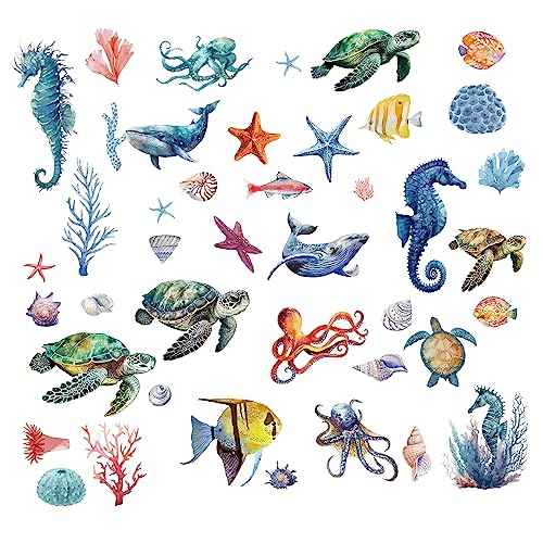 CRASPIRE 8 Sheets Sea Life Window Decals Stickers Ocean 3D Turtle Seahorse Starfish Coral Shell Summer Wall Clings Sticker PVC Self-Adhesive Peel and Stick for Bathroom Home Nursery Bedroom Bathroom