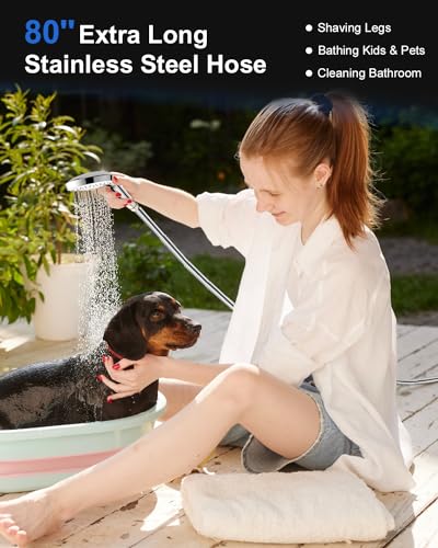 FASDUNT Handheld Shower Head with 5 Spray Modes & Chrome Finish, 80-Inch Hose