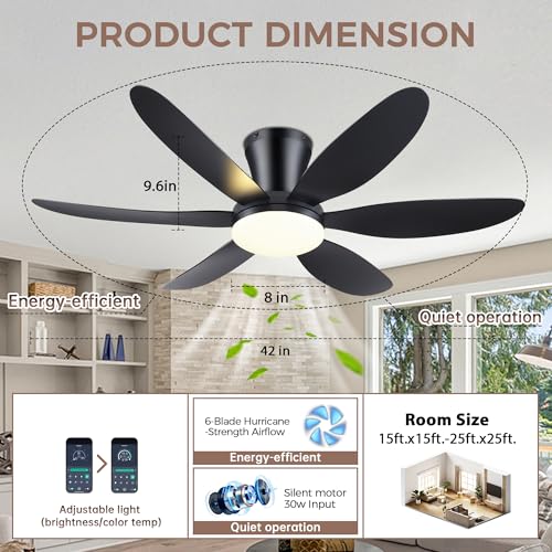 GJeg 42 Inch Black Ceiling Fan with Lights Remote Control Low Profile