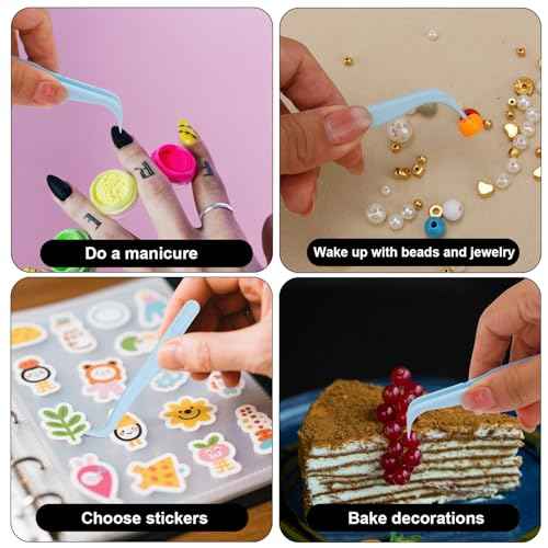 Plastic Tweezers, 4.5in Bent Tip Crafting Hobby Sticker Tweezers Electronics Bulk Precision Lash Tool for DIY Jewelry Watch Making Kids Childrens Crafts Baking Decorations & Reptile Feeding (Blue)