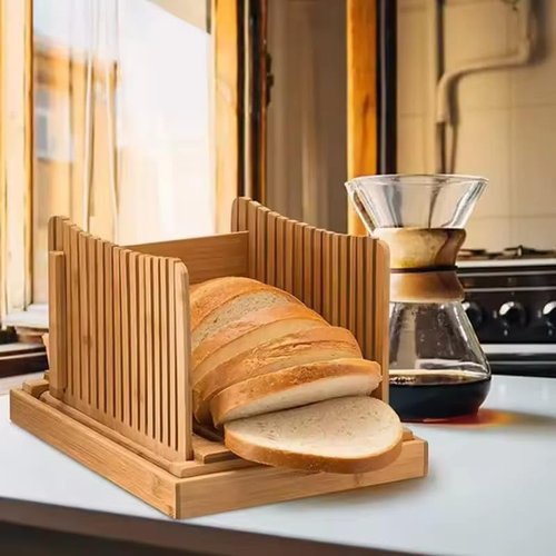 Bamboo Bread Slicer- Adjustable Thickness Bread Loaf Cutter For Homemade Bread, Sturdy Sandwich Bread Slicer With Manual Cutting Guide And Crumb Tray, | Foldable And Compact