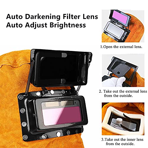 Cowhide Leather Welder Hood Welding Helmet Protective Gear Mask Work Cap with Neck Shoulder Drape,Solar Auto Darkening Filter Lens