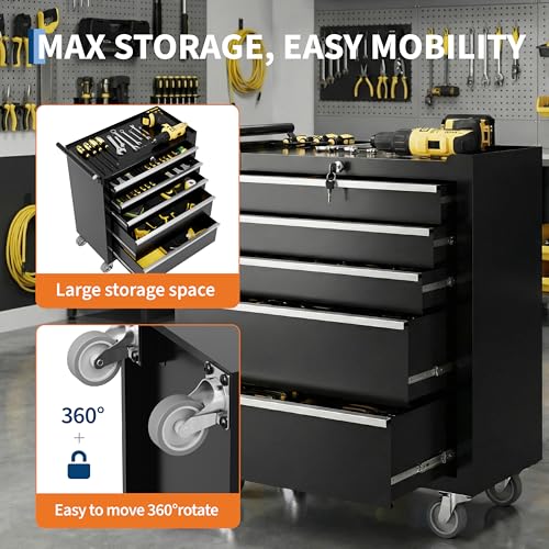 Garvee Black 5-Drawer Rolling Tool Chest Cabinet with Locking System, 24in Toolbox on Wheels