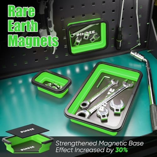 Pinoze 3-Piece Collapsible Magnetic Parts Tray Set with 12" Flexible Magnetic Pickup Tool - Green