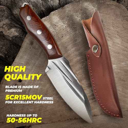 Pocket Fixed Blade Knife with Wood Handle and Leather Sheath for Camping, Outdoor Hunting,Tactical, Survival and EDC