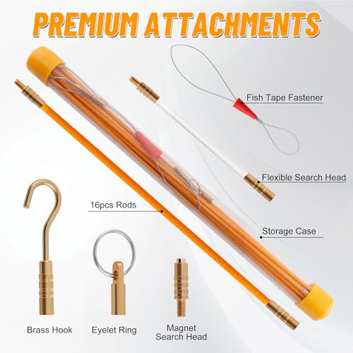 22FT Fiberglass Wire Fishing Rod Kit for Cable & Wire Pulling with Attachments