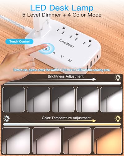 White Small LED Desk Lamp Power Strip with 3 Outlets & 4 USB Ports, 5ft Extension Cord, Touch Dimmable Study Reading Light