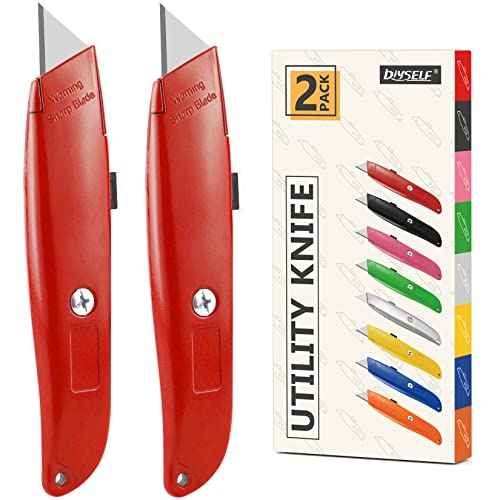 DIYSELF 2Pack Utility Knife Box Cutter Retractable Razor Blade Heavy Duty Box Cutters Exacto Knife PVC Pipe Cutter (Red)