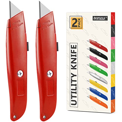 DIYSELF 2 Pack Retractable Utility Knife Box Cutter for PVC & General Use - Red