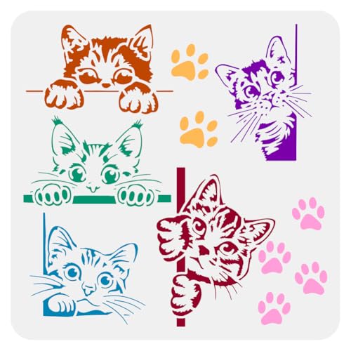FINGERINSPIRE Peeping Cat Painting Stencil 11.8x11.8 inch Cat Border Template Hollowed Cute Cats Stencil Large Cat Paw Prints Template Cat Footprint Stencil Animal Theme Template for DIY Crafts