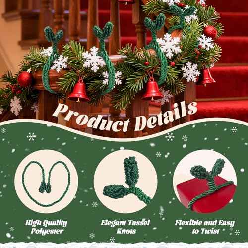 Christmas Holiday Garland Ties Decorative Wreath, 12 Pcs Flexible Gift Craft Wrapping Decorations for Home Banister, Lamp Posts, Christmas Stocking or Stairs Outdoors Decoration(Green&Red)