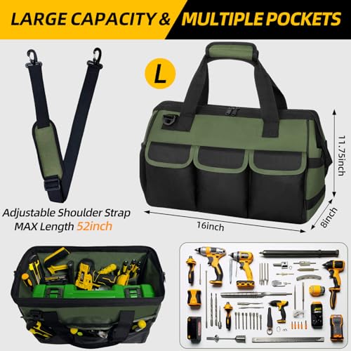 Tool Bag, Portable Tool Box Organizer Adjustable Shoulder Strap, Carry Tool Tote Heavy Duty Tool Storage Bag With Wide Mouth,Tool Bags for Men Mechanic EngineerGift - L, Army Green & Black