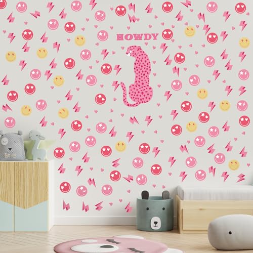 Kisston 9 Sheets Preppy Pink Wall Decal Hot Aesthetic Howdy Smile Face Lightning Vinyl Wall Decals Pink Cheetah Murals Decal for College Students Girls Dorm Bedroom Living Room Nursery Decoration