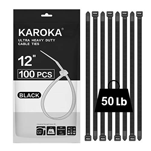 Karoka 12 Inch Black Zip Ties Pack of 100 - Heavy Duty UV Resistant Cable Ties