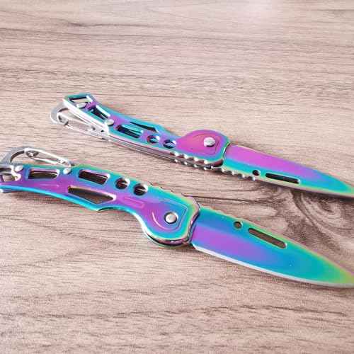 2 Pack Pocket Knife (Multicolored Titanium) with Key Ring Easy To Everyday Carry, Folding Knife Self-Defense