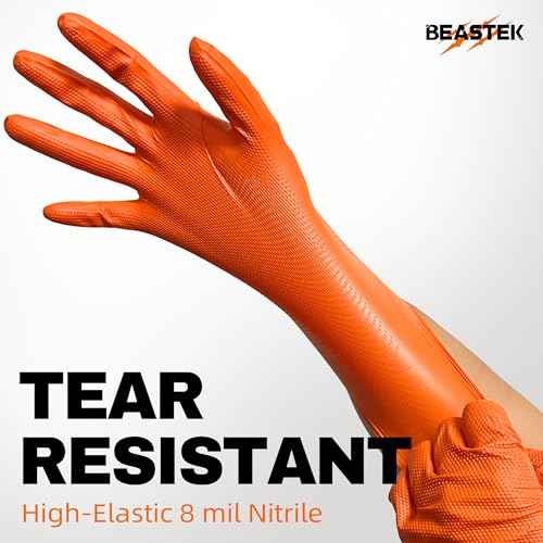 Beastek Nitrile Disposable Gloves, 8Mil Latex & Powder Free Chemical Resistant Heavy Duty Cooking Diamond Glove Orange 50 Pcs