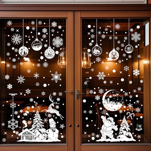 260Pcs Christmas Window Clings Christmas Snowflakes Decorations Santa Claus Reindeer Snowmen Trees Cottage Stickers Xmas Winter Holiday Home Part Decor
