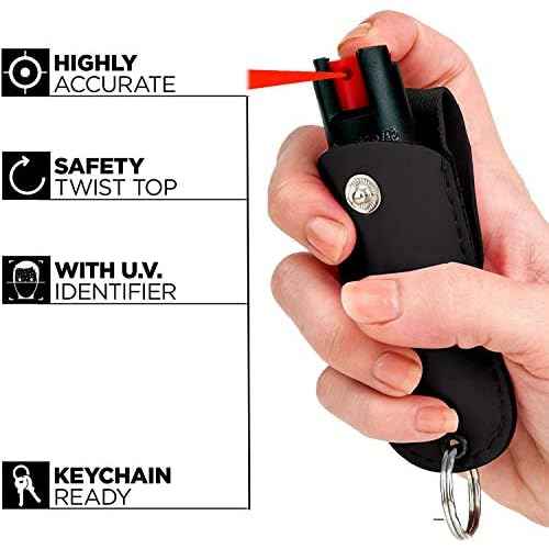 FIGHTSENSE Self Defense Pepper Spray - 1/2 oz Compact Size Maximum Strength Police Grade Formula Best Self Defense Tool for Women W/Leather Pouch Keychain