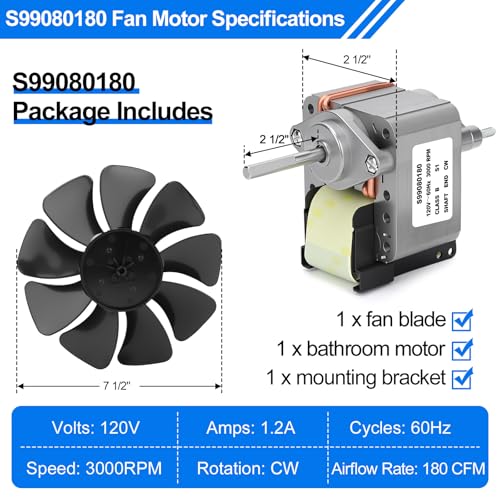 S99080180 Bathroom Exhaust Fan Motor & Blade Assembly - 180 CFM Replacement Kit