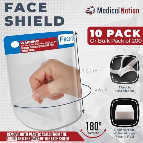 Face Shield | 10 Pack | Clear Plastic Face Shields for Women, Men & Kids, Anti-Fog, Lightweight Reusable Face Shield Mask, Safety Visor Cover with Comfortable Sponge & Elastic Band