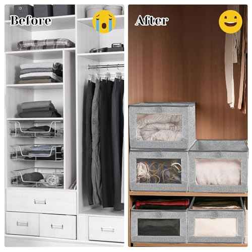 6 Pieces Linen Closet Storage Bins with Clear Window, Shelf Basket Closet Clothes Organizer Storage Containers for Organizing Shelves Wardrobe Office Clothing Books