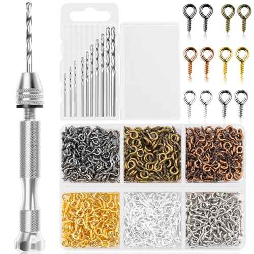 Shynek Pin Vise Hand Drill Set, Manual Hand Drill with 600PCS Small Screw Eye Hooks and 10 Different Sizes Drill Bits for Keychain, Jewelry Making and Crafts