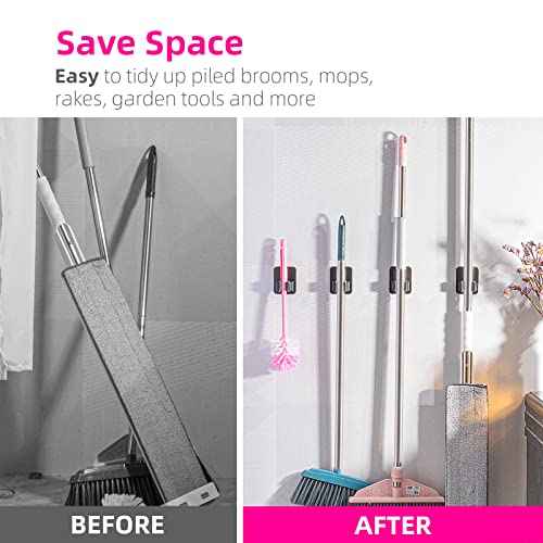 4 Pack Broom Holder Wall Mount, Improved Super Anti-Slip Mop and Broom Holder Wall Mount, Broom Hanger Gripper for Kitchen, Bathroom, Closet, Garden Garage, Black