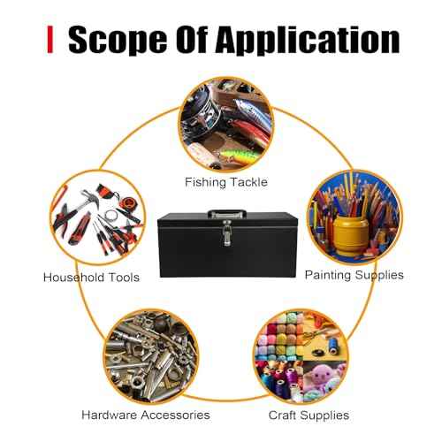 Small Steel Metal Tool Box, Lockable Storage Box for Storing Valuable Items, Office Documents, Garage Tools (12" Black)