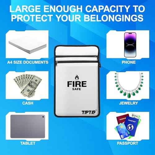 TIPTAP Fireproof Document Bag with Two Pockets, 11x15IN Waterproof Money Bag with Zipper, Essential Document Storage Organizer, Envelope Wallet for Valuables Documents, Cash, Passports and More