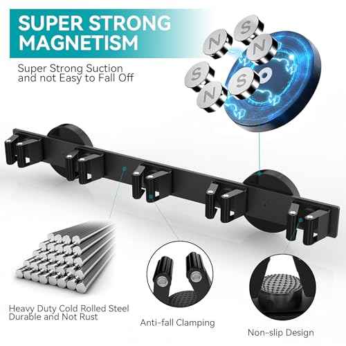 Magnetic Mop Broom Holder, Strong Non Slip Magnetic Broom Mop Hanger, Heavy Duty Magnetic Hooks For Hanging Shovel Rake Tools, Wall Mounted Utility Storage Magnet Rack (5 Rack)