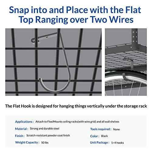 FLEXIMOUNTS 4 Pack Add On Storage Flat Hook Accessory for Garage Ceiling Rack and Wall Shelving, Max Weight Capacity up to 50lbs, Black