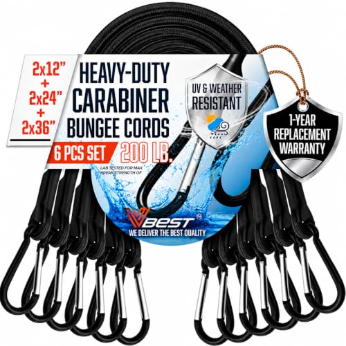 Heavy Duty Bungee Cords with Carabiner Hooks - 6 Pack Outdoor & Cargo Use
