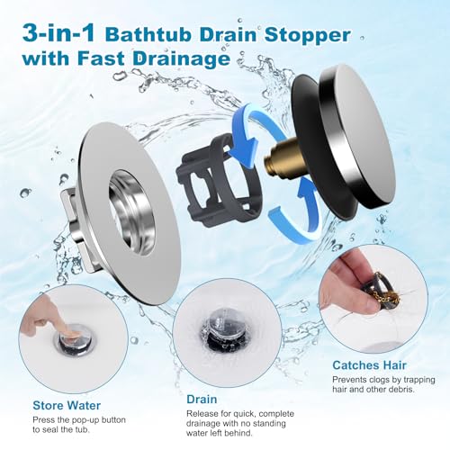 Hibbent Chrome 3-in-1 Metal Bathtub Drain Stopper with Pop-up & Filter