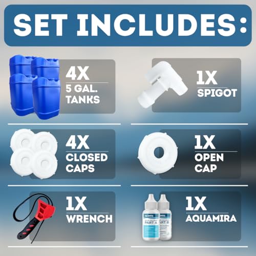 Aguaprep 5-Gallon Stackable Water Storage Containers Set with 4 Lids & Spigot - Emergency & Disaster Preparedness