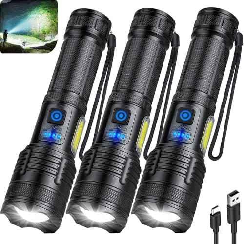 KINGCAESAR 3 Pack Rechargeable Flashlights 90,000 High Lumen, Ultra Bright LED Flash Light for Home, High Powered Flashlights with 7 Light Modes, IPX7 Waterproof for Camping