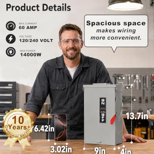 FixOasis 3P 60 Amp Non-Fusible Disconnect Switch with Ground, NO FUSE Version