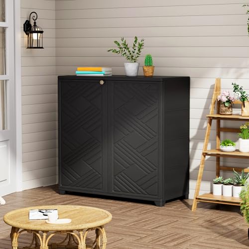 ZZM 34W x 15D x 34H Outdoor Storage Cabinet with 2 Shelves, Black - Waterproof HDPE