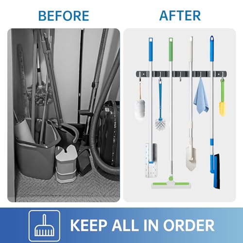 ZONGOOL 2 Pack Wall Mount Mop & Broom Holder with 4 Racks 5 Hooks, Rust-Resistant Stainless Steel, Black