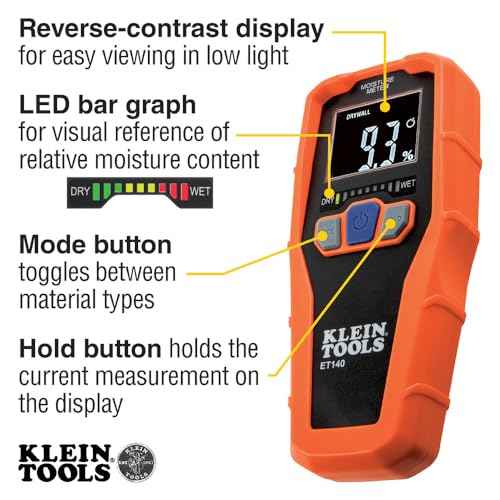Klein Tools ET140 Pinless Moisture Meter for Non-Destructive Moisture Detection in Drywall, Wood, and Masonry; Detects up to 3/4-Inch Below Surface