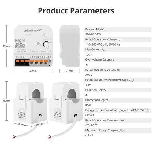 Smart Home Energy Monitor with 2 x 120A CTs, Real-Time Electricity Usage Monitor, Bi-Directional Power Tracking, Supports Single-Phase 3-Wire System, 2.4GHz Wi-Fi (WiFi Version)