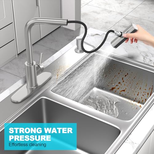 AVSIILE Brushed Nickel Kitchen Faucet with Pull Down Sprayer & Soap Dispenser, Touch On