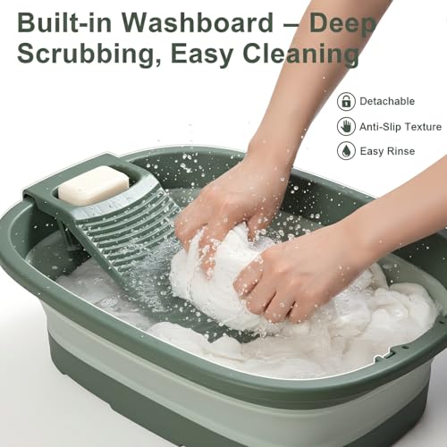 VEMJO 12 Gallon Collapsible Laundry Basin with Removable Washboard, Green, 24.4 Inches