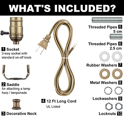 Antique Brass DIY Lamp Making Kit with 3-Way Socket & 12ft Cord