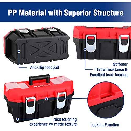 WORKPRO Tool Box Portable 16" with Removable Tray Heavy Duty Toolbox with 2 Metal Latches, Rated up to 33 Lbs, PP Plastic Small Tool Boxes with Lock Secured, Small Parts Organizer in Lid, black & red