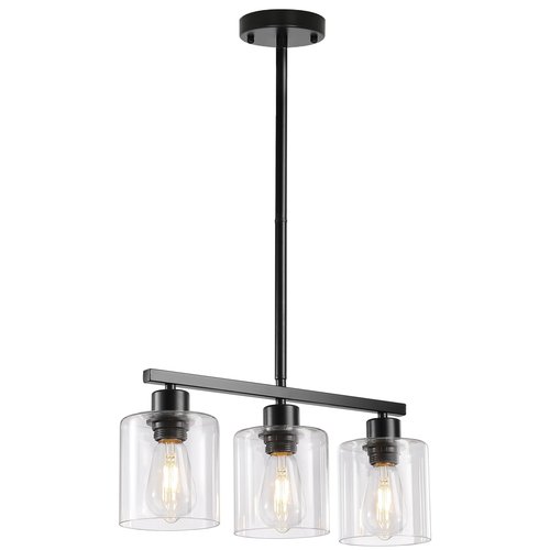 ROCUNSI 3-Light Kitchen Island Lighting, Black Pendant Light Fixture, Farmhouse Dining Room Light Fixtures Over Table, Modern Hanging Light Fixtures with Clear Glass, E26 Base, Bulbs Not Included