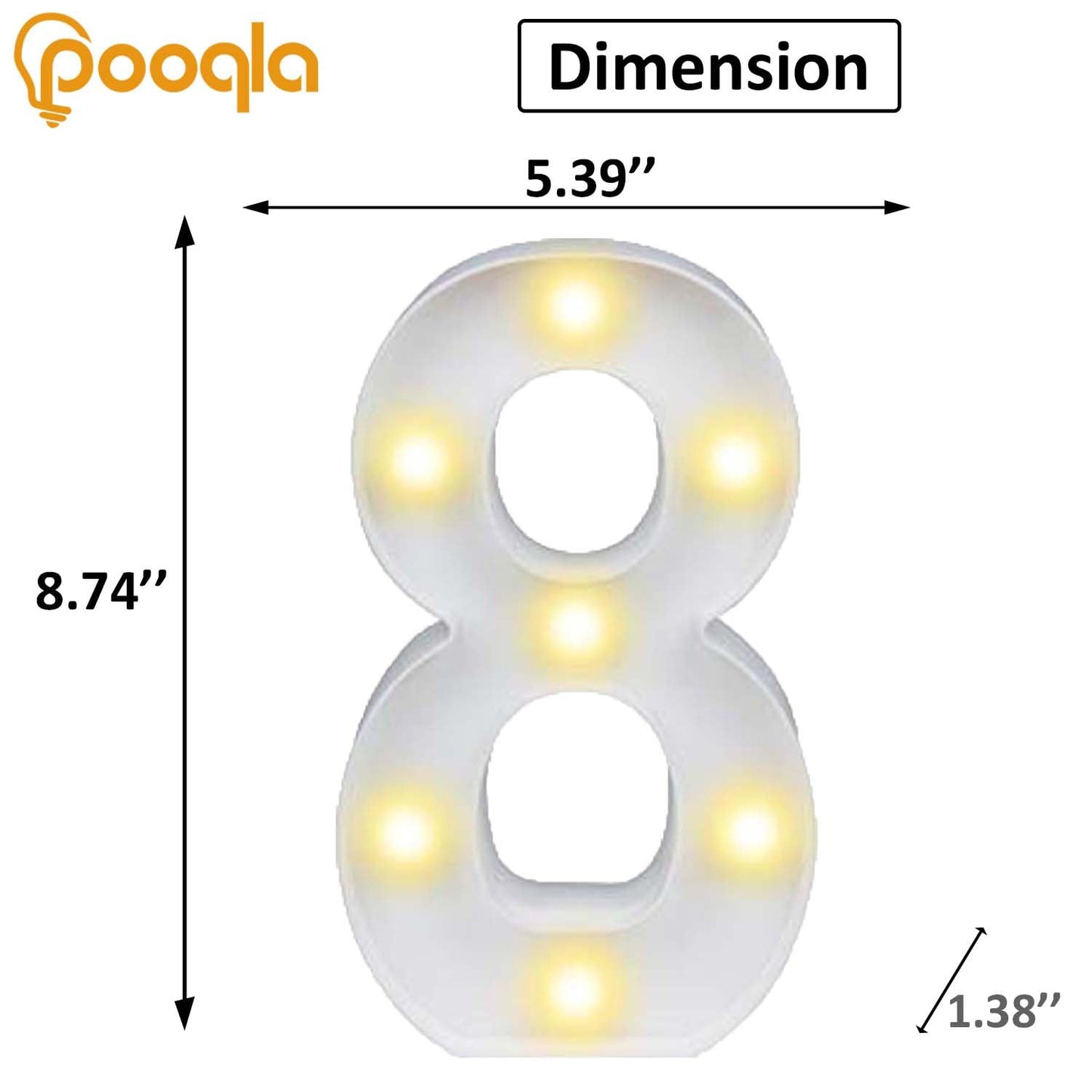Decorative Led Light Up Number Letters, White Plastic Marquee Number Lights Sign Party Wedding Decor Battery Operated Number (8)
