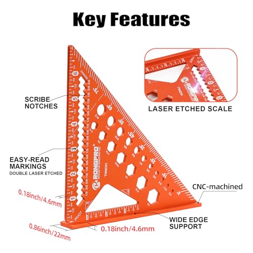6-in-1 Carpenter Square 7 inch, Aluminum Rafter Square, Multi-Purpose