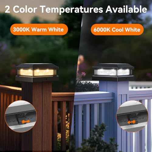 Solar Post Cap Lights Outdoor 12 Packs for 4x4 4.5x4.5 5x5 Vinyl/Wooden Posts, Waterproof Solar Powered Fence Post Light with Warm/Cool Lighting, Black 16LEDs Deck Cap Light for Garden, Patio, Porch